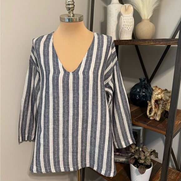 CP Shades Linen Tunic Top Size MED Striped V-Neck A-line Blue White Red - Picture 1 of 9